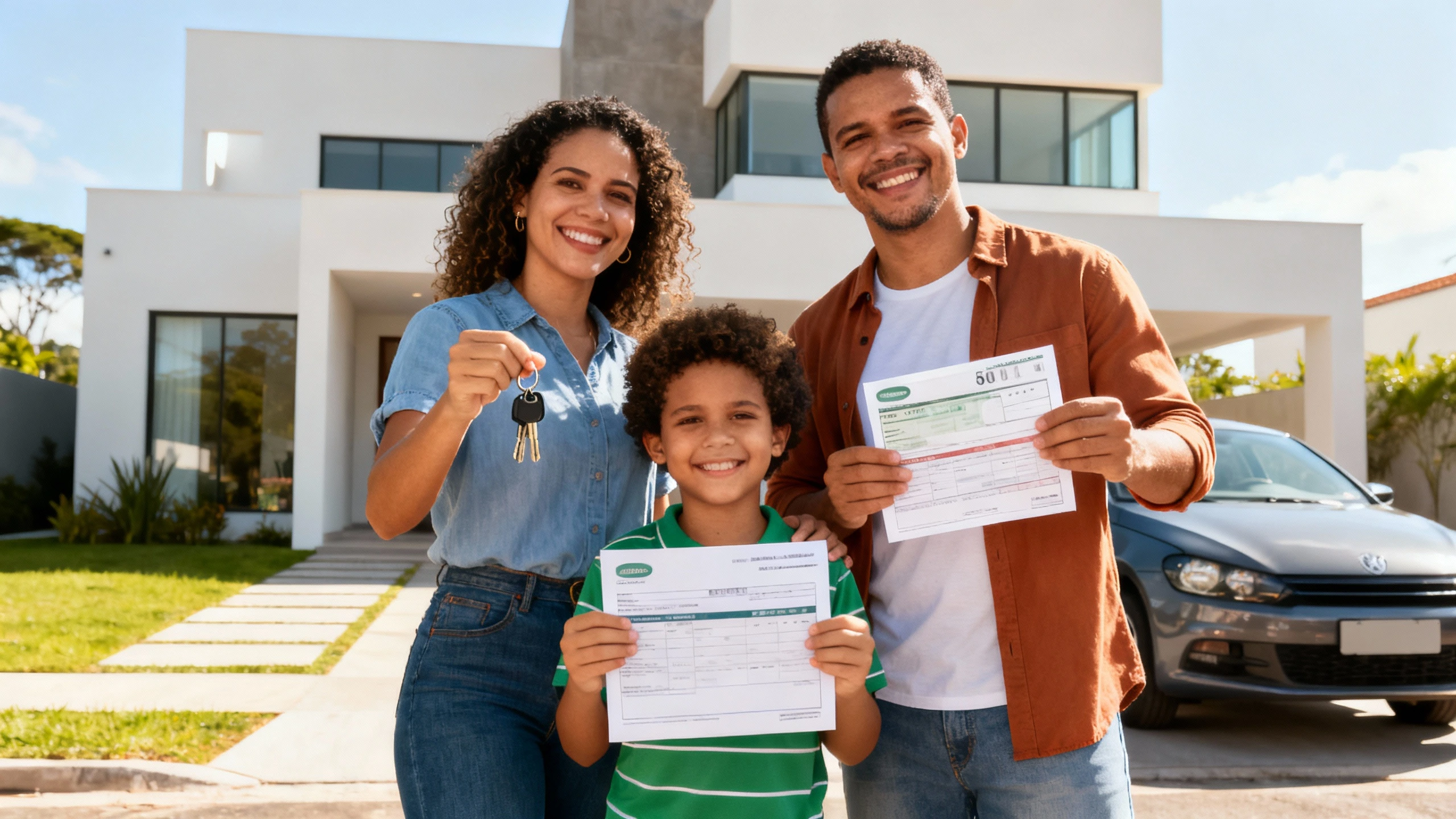 Família feliz com carro e crédito aprovado